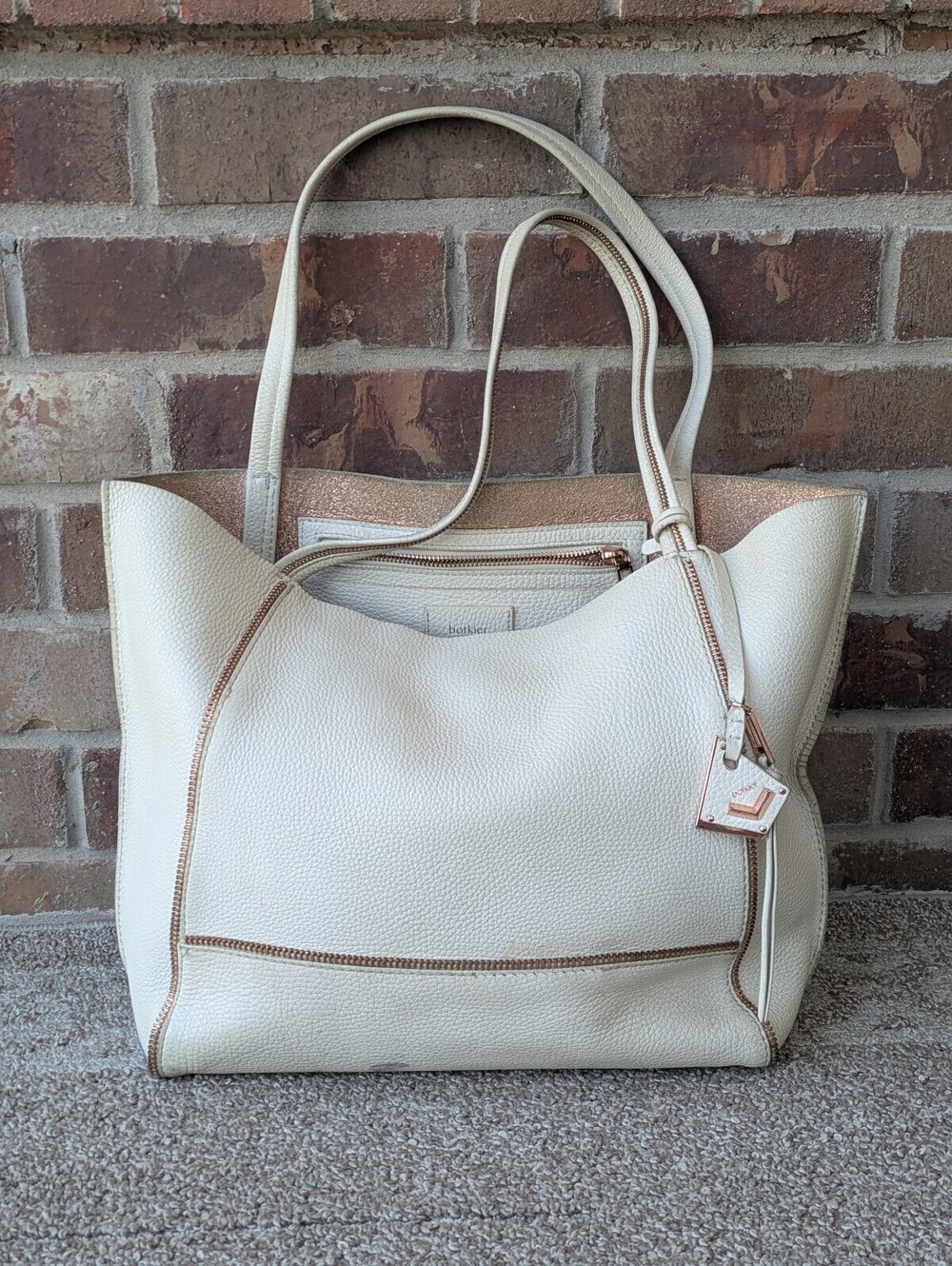 Botkier Soho Tote Shoulder Purse Off White Zip Trim Pebbled Leather